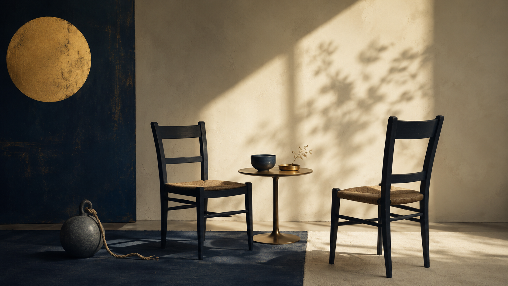 Two chairs facing each other across a small table, with a gold moon painting on a navy wall.
